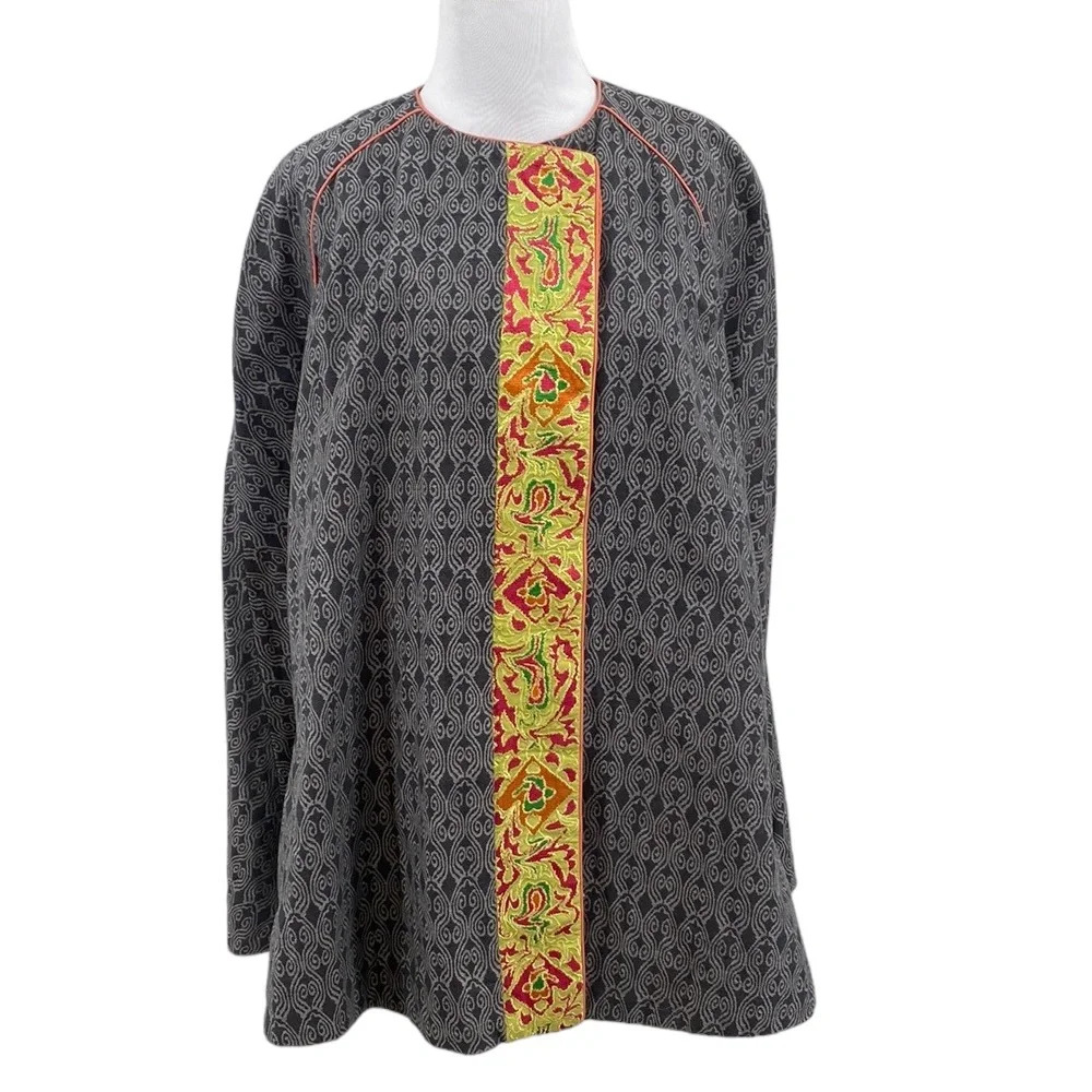 Kayseria Embroidered Cape Jacket Womens Size 10 Gray Yellow Beaded Ethnic Duster